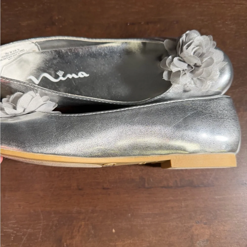 Nina Silver Glitter Girls Flats with Floral Detail - worn once